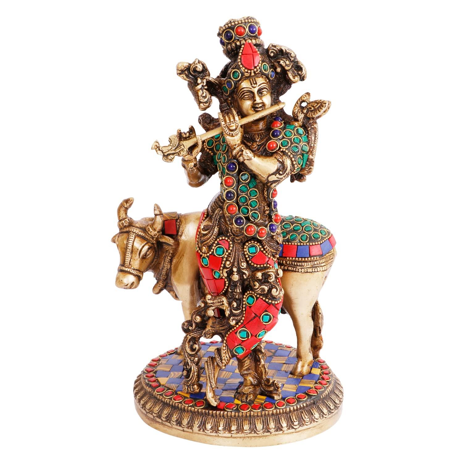 Бог Кришна с коровой, стоящий, играющий на флейте, многоцветный, драгоценный камень, ручная работа, идол
