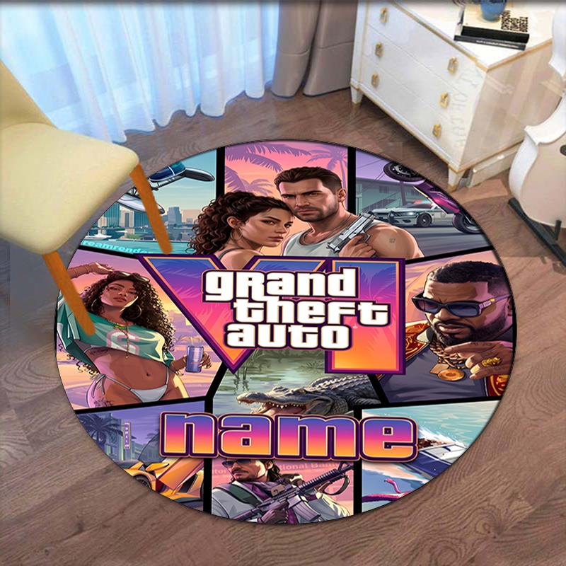 Custom Name GTA 6 Printed Round Rug Carpet Chair Rug Area Rug Entryway Doormats,for Office Chair Living Room Bedroom Kitchen Room.
