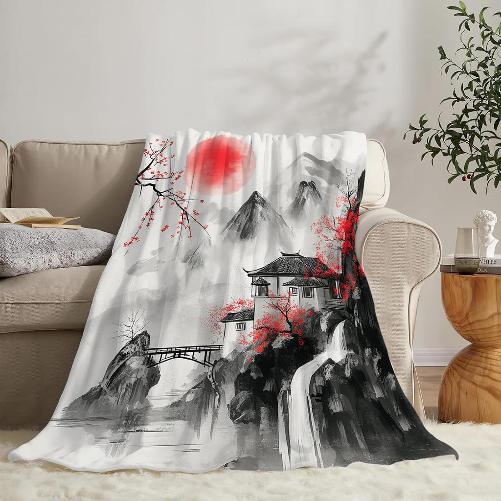 Japanische Überwurfdecke Splash Rot Kirschblüte Geschenke für Mädchen Frauen Männer Jungen Gemütliche Flanell-Fleece Fuzzy Landschaftsdecken