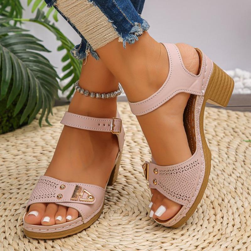 

Summer thick heel high heel sandals women s buckle new women s shoes large size women s shoes 43 розовый