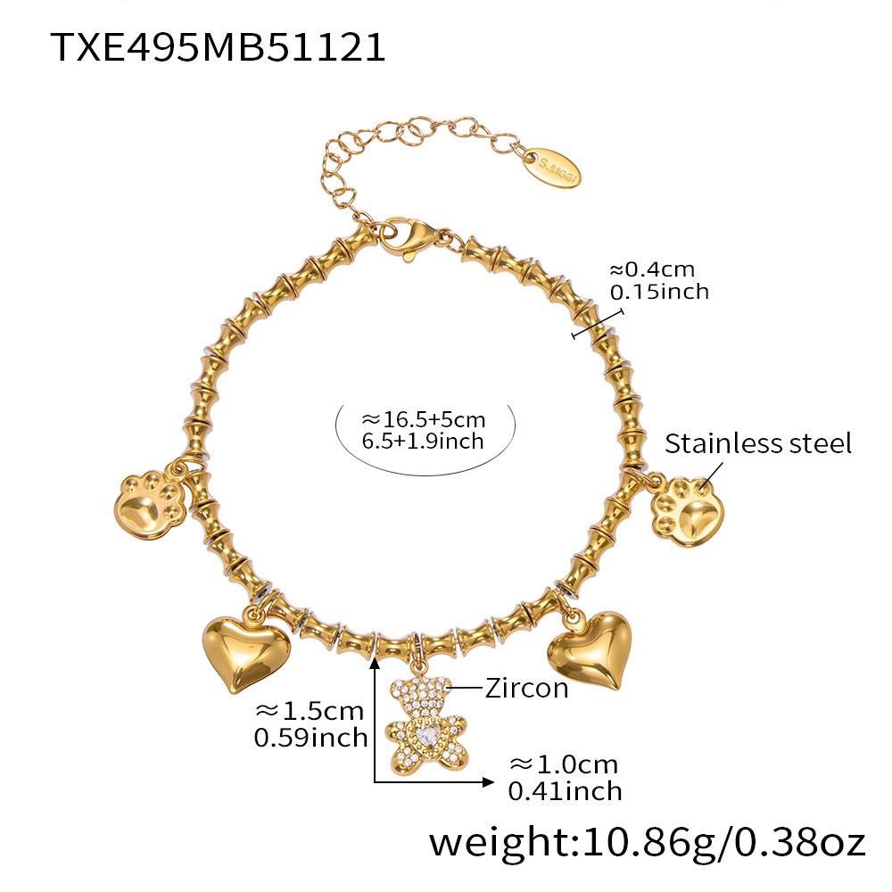 Qiong Yao Full Diamond Bear Pendant & Bamboo Joint Earring Bracelet Necklace Set - Non-fading.