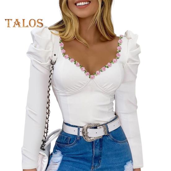 

Женские топы на весну и лето, футболка с квадратным воротником и пышными рукавами, цветочный декор, однотонная облегающая футболка, уличная одежда 2XL белый