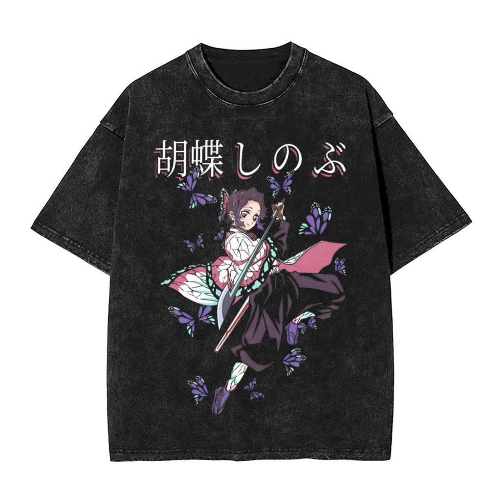 Shinobu Kocho Demon Slayers Graphic T Shirts Manga Print Washed Cotton Oversized Tshirts Men Women Clothing Short Sleeve Tees