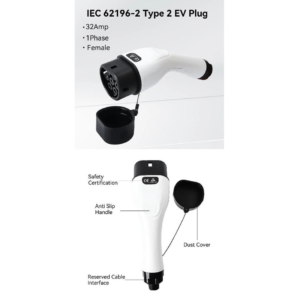 32A Type 2 EV Charger Plug 1Phase 7KW IEC 62196 Socket Electric Car Charging Gun Head Copper Alloy Silver Plating IP55