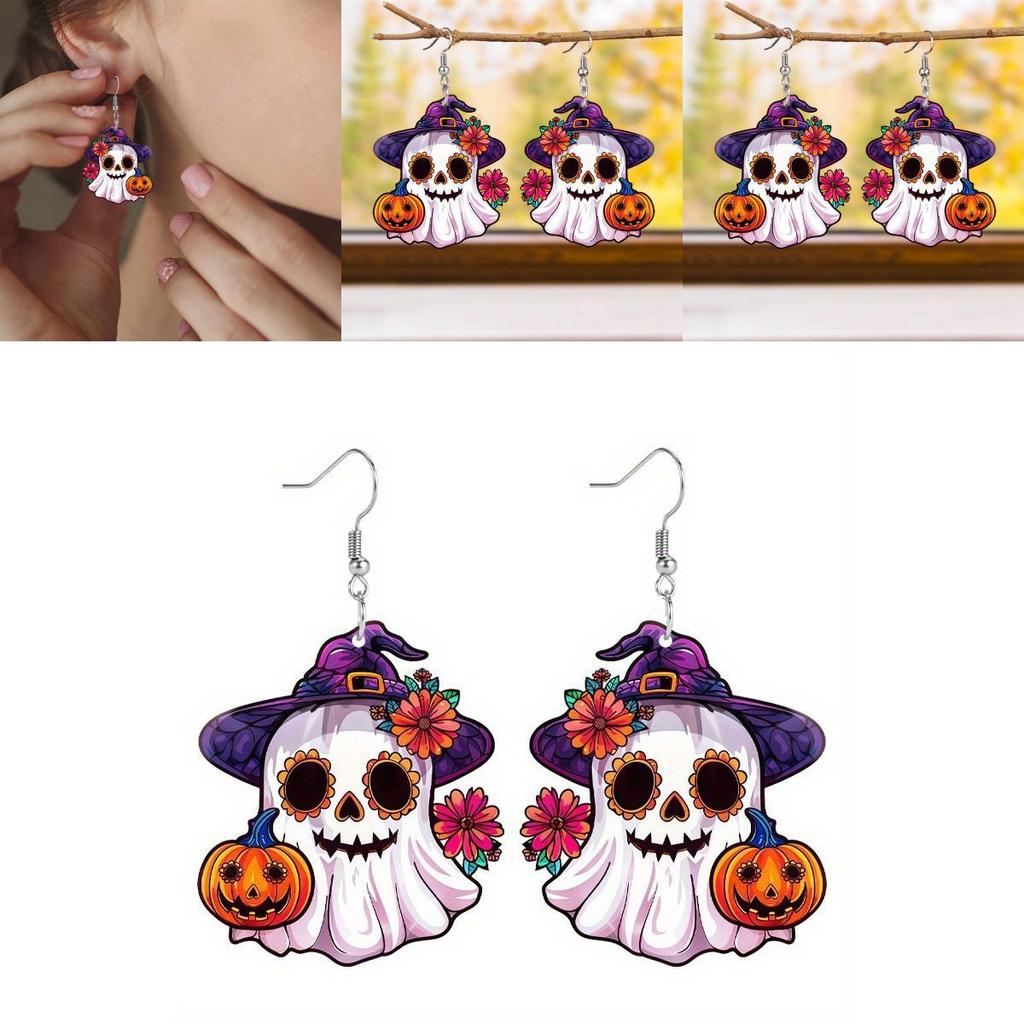 Halloween Themed Ghost Pumpkin Flower Pattern Women Alien Acrylic Earrings For Holiday Celebrations