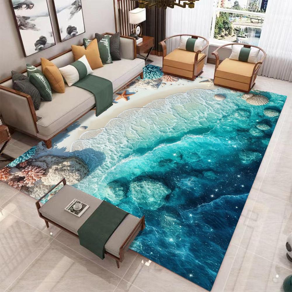 Nautical Coastal Bath Rug Starfish Seashell Coral Beach Ocean Themed Bathroom Kitchen Flannel Non-Slip Mat Indoor Decor Carpet