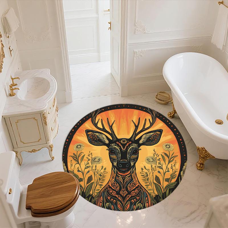 Vintage Sunset Deer Head,Round Area Rug,Carpet Rug for Living Room Bedroom Sofa Playroom Decor,Non-slip Floor Mat