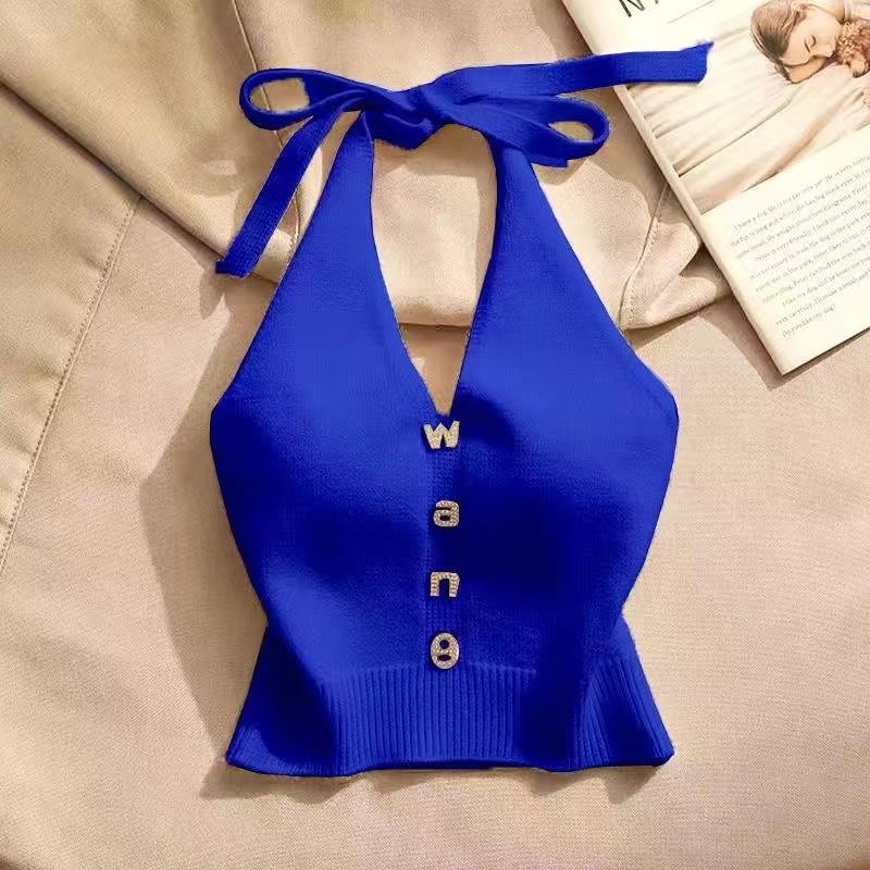 Summer Chic Hang Neck Sexy Knitted Suspender Girl Sweet Style Lace Up Backless Tops New Design Casual Fashion Camis Chic Clothing