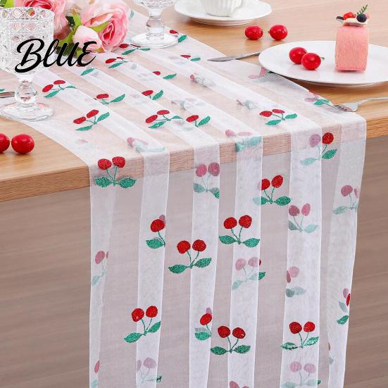 Anniversary Table Runner Soft Polyester Cherry Lemon Runner Strawberry Sheer Tulle Pattern Summer Overlay Seasonal