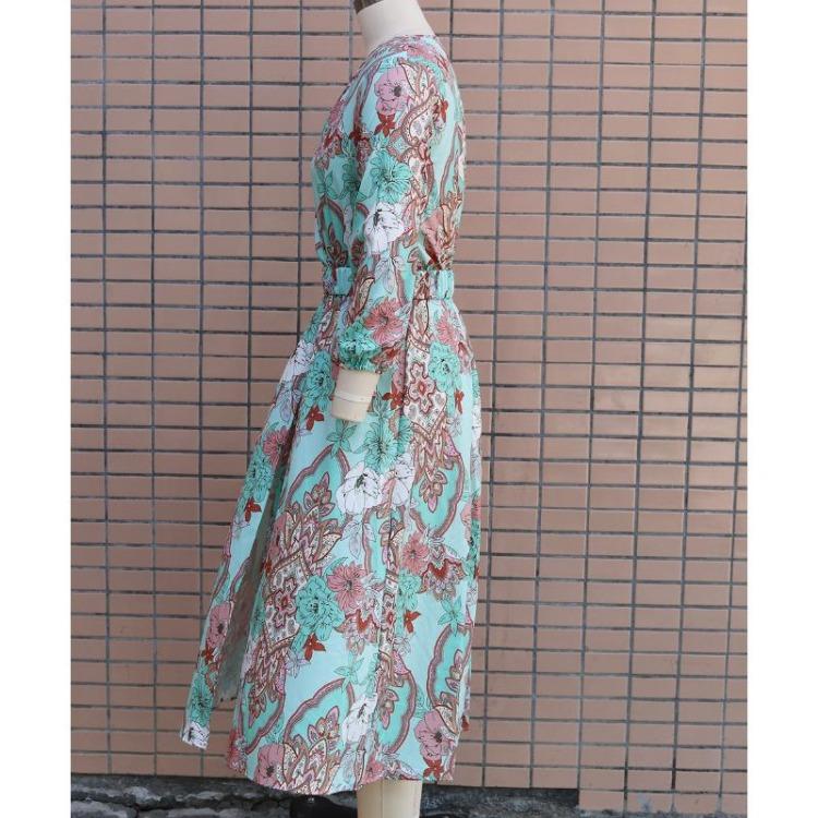 Boho Floral Print Long Dress Elegant Deep V Neck Long Sleeve High Split Swing Dress with Belt Women Beach Dresses Sexy