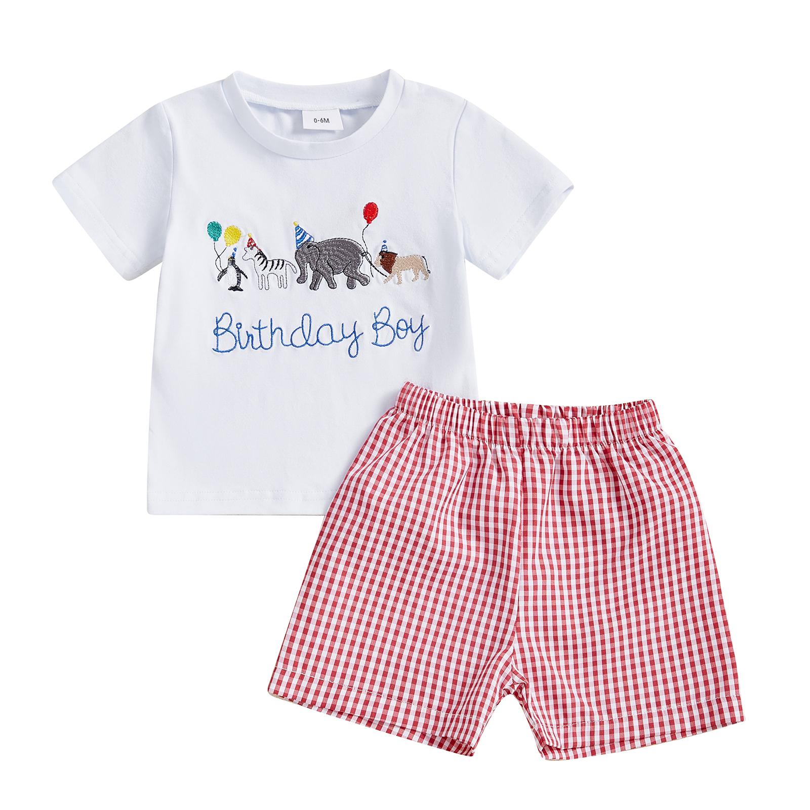 

Toddler Boy Birthday Clothes Letter Animal Print Short Sleeves Round Neck Tops with Plaid Shorts 2 Pcs Outfit белый