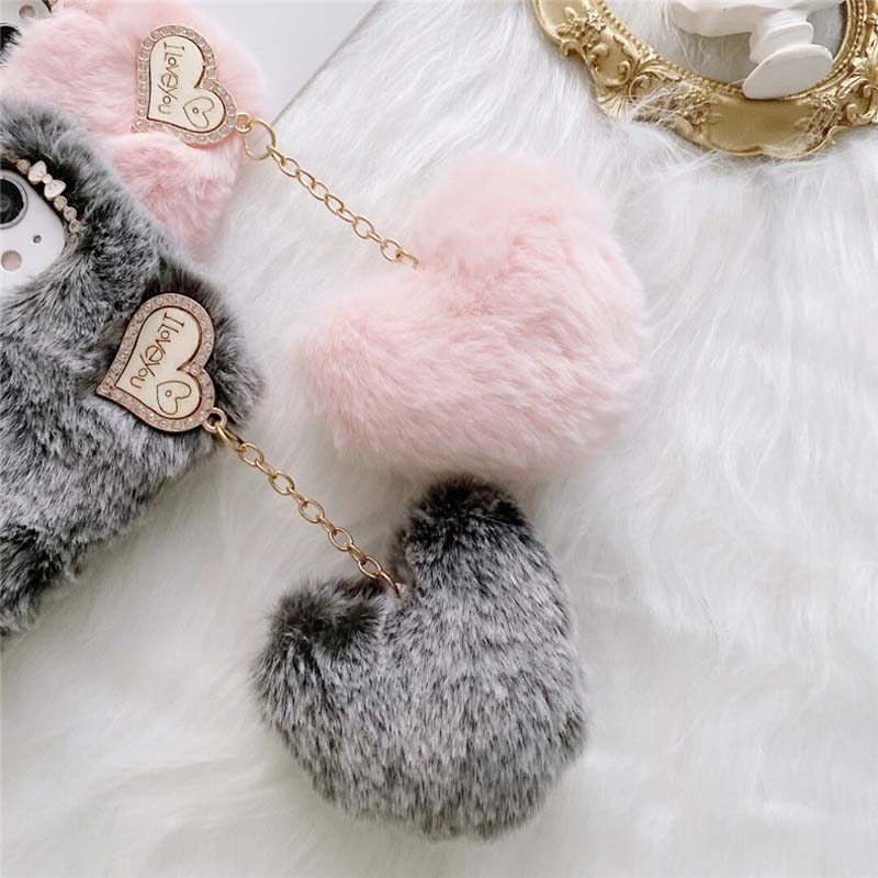 Lovely Love Heart Design Autumn and Winter Long Plush TPU Mobile Phone Cover Case for Iphone X Xr Xs 11 12 13 14 15 16 Pro Max