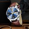 OLEVS Quartz Business Brown Leather Analogue Watch with Date and Day Stylish Blue Leather Men's Watch, Popular, Waterproof, Style, Strap, Display,