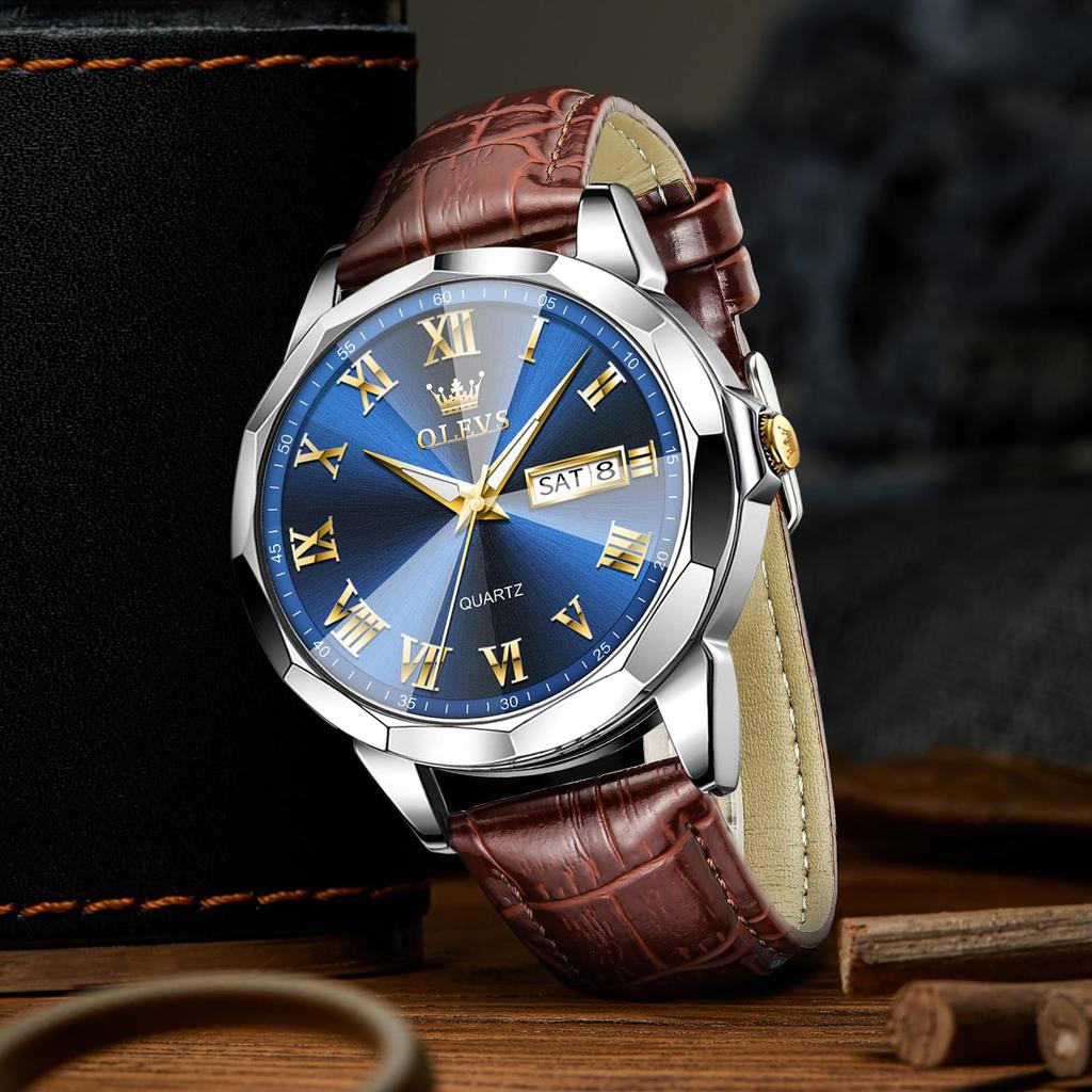 OLEVS Quartz Business Brown Leather Analogue Watch with Date and Day Stylish Blue Leather Men's Watch, Popular, Waterproof, Style, Strap, Display,