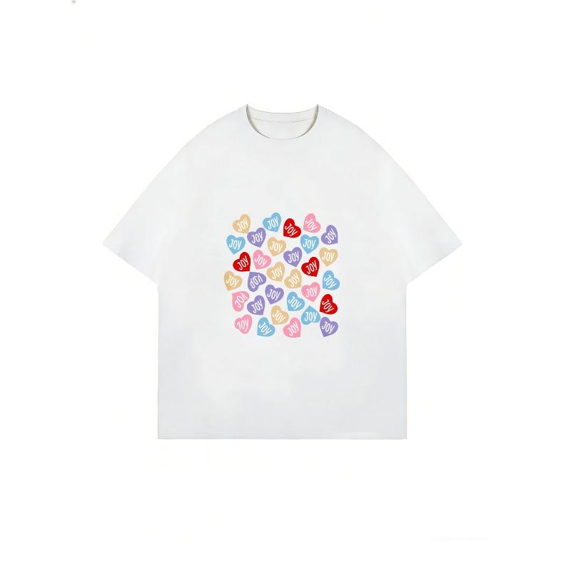 White Crew Neck T Shirt With Colorful Joy Hearts Print For Casual Wear
