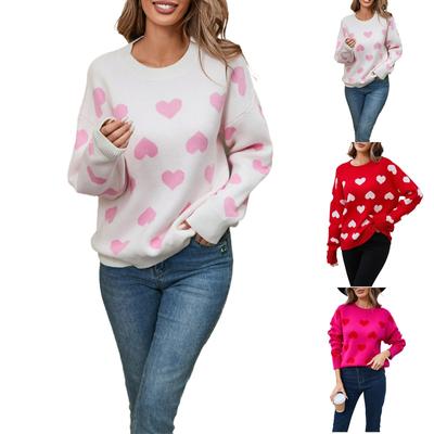 Women's Loose Casual  Fashion Round Neck Heart Sweater Knitted Bottoming Shirt Sweater