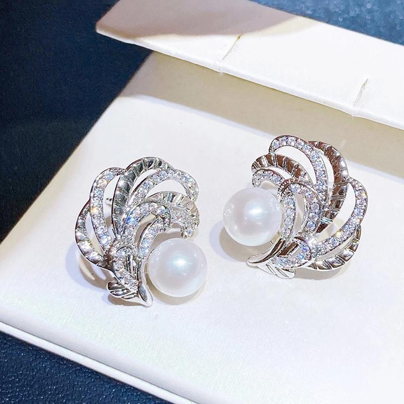 Graceful Shiny Zirconia Ear Stud Lady Engagement Earrings Jewelry with Simulated Pearl Delicate Accessories for Wedding