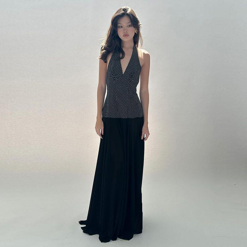 

Fashion Fancy French Style V-neck Polka Dot Halter Backless Dress 2024 Summer New Arrival Retro Graceful Formal Dress Black S