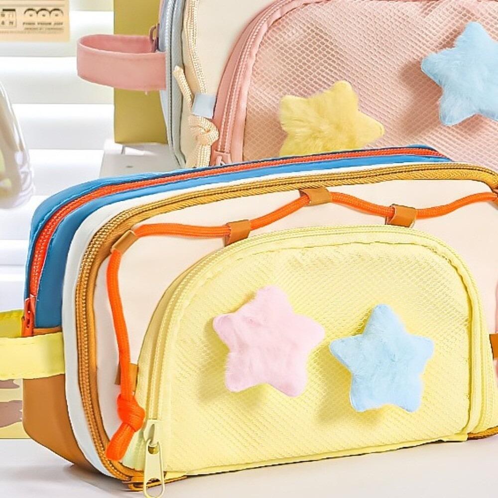 Multiple layers Pencil Cases with 2 Plush Stars Students School Supplies Large Capacity Pen Bag