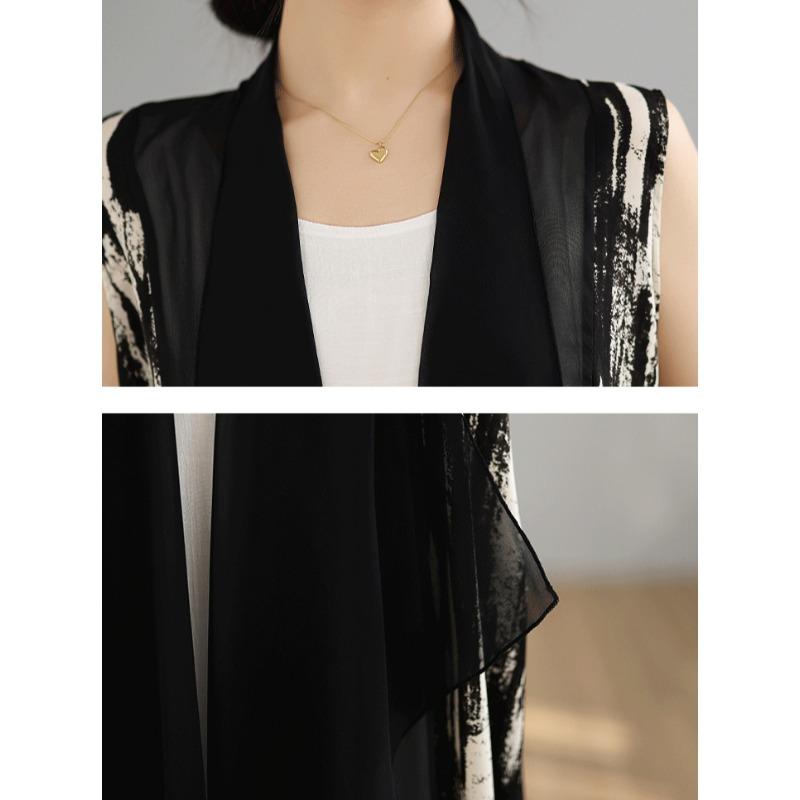 DIMANAF 2025 Neu Sommer Übergröße Damen Langer Weste Ärmelloser Mantel Basic Mode Chiffon Tops T-Shirts Lässig Locker