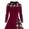 Damen Karo Patchwork Kapuzen-Stehkragen Langarm Midi A-Linien Kleid