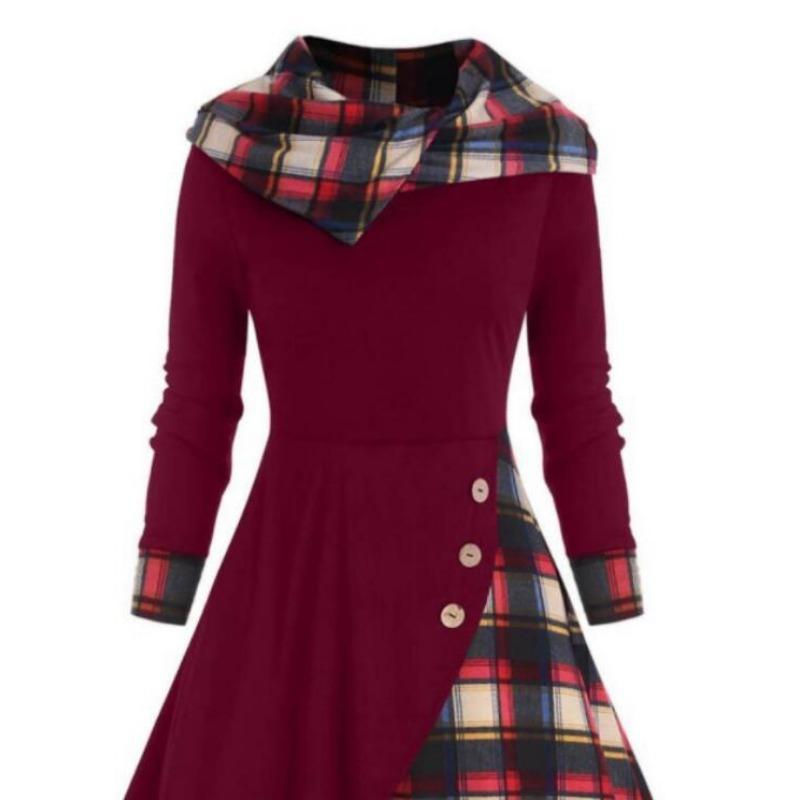 Damen Karo Patchwork Kapuzen-Stehkragen Langarm Midi A-Linien Kleid