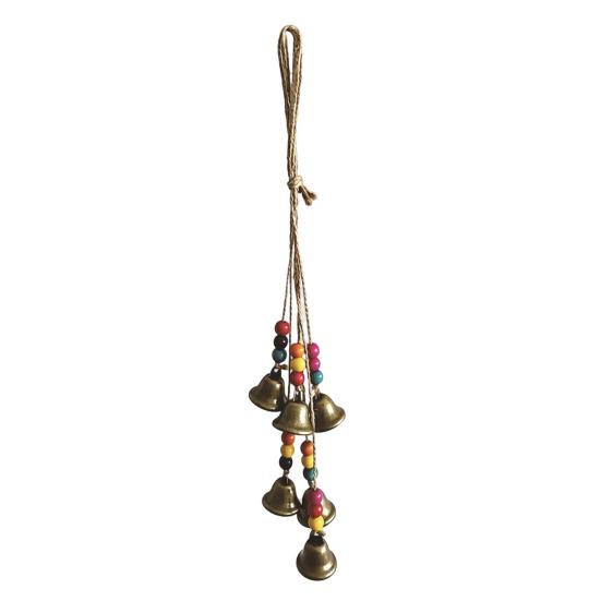 Vintage Bronze Bell Craft Bohemian Metal Pendant with Wooden Beads & Jute Rope, Retro Rustic Garden Chime Hanging Wind for Home Window Door