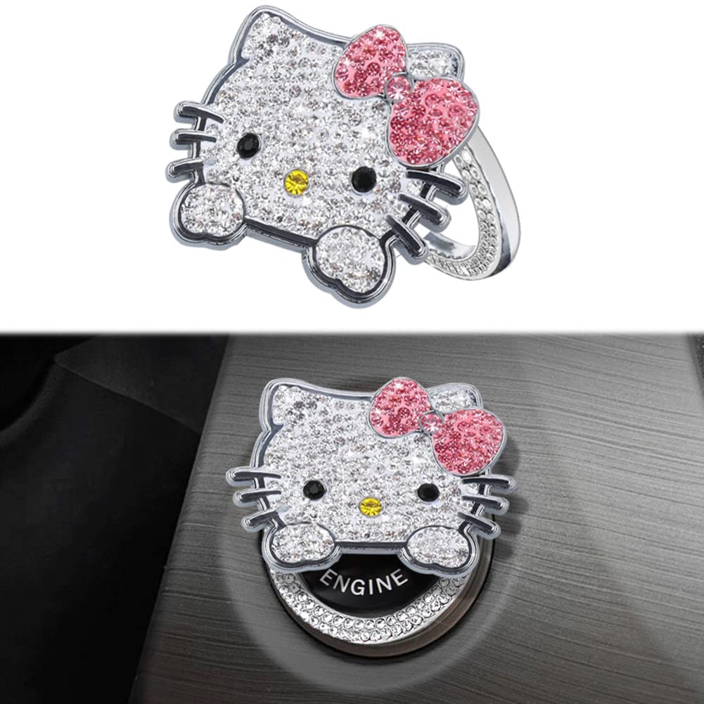 YOLRIND Car Push Start Button Cute Cat Glitter Car Accessory for Engine Push To Start Button Interior Accessory Decoration Cover, Women, Cover, (Pink)