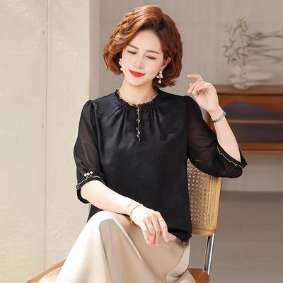Elegant Summer Chiffon Blouse for Mother's: 2026 New Style Three-Quarter Sleeve T-Shirt for Middle-Aged and Elderly Women