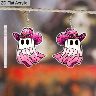 2D Flat Acrylic Halloween Pink Ghost Dangle Earrings Women's Accessories Charming Jewellery Gift