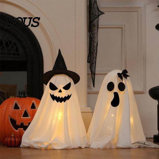 Halloween Ghost Decor Decoration, Indoor Tabletop Standing with Witch Spooky White Ornament Hat/Bow for Mantel Dining Table Party Home