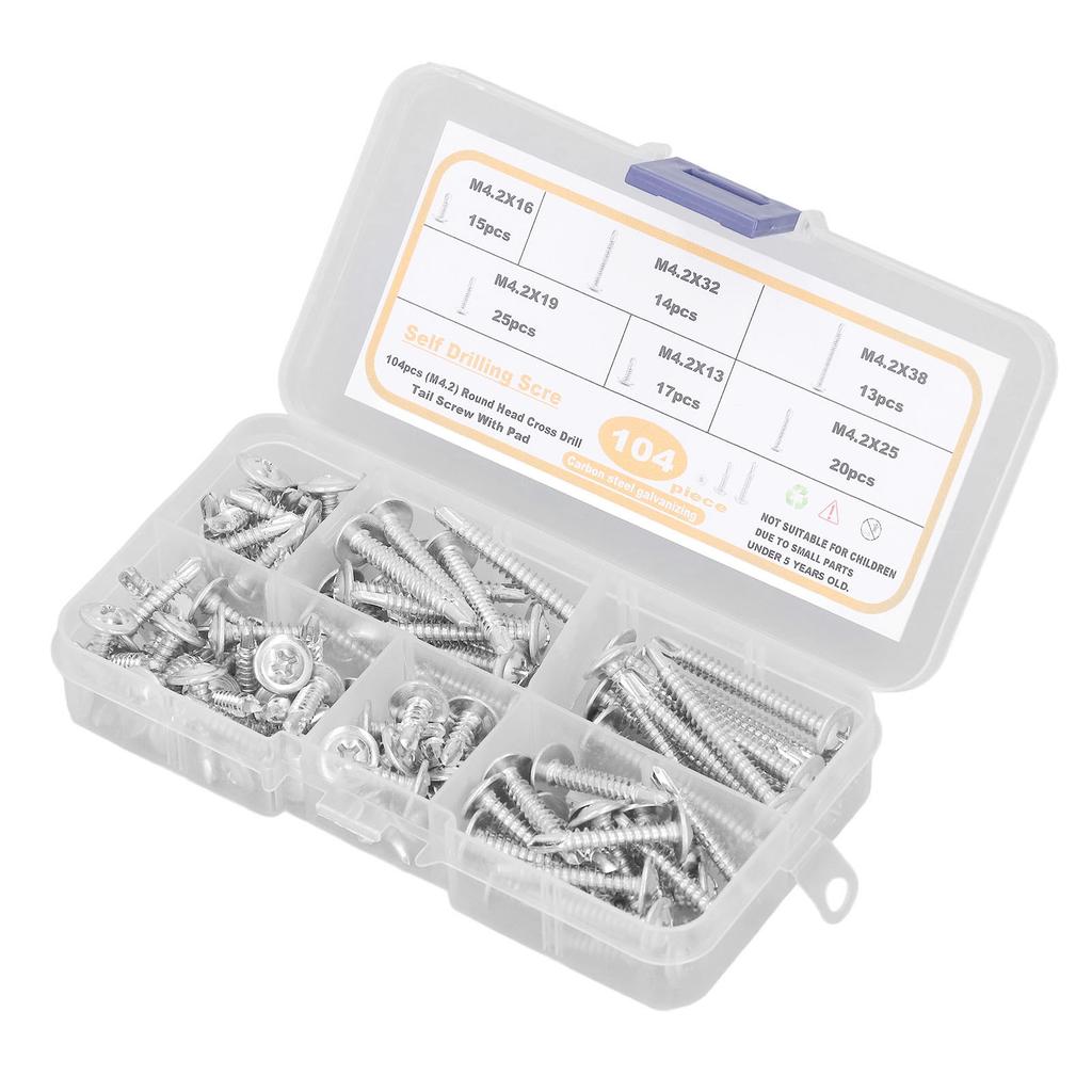 104 Pcs Self Drilling Screw M4.2 Cross Slot Round Washer Head Carbon Steel Self Drilling Screw for Household Appliance