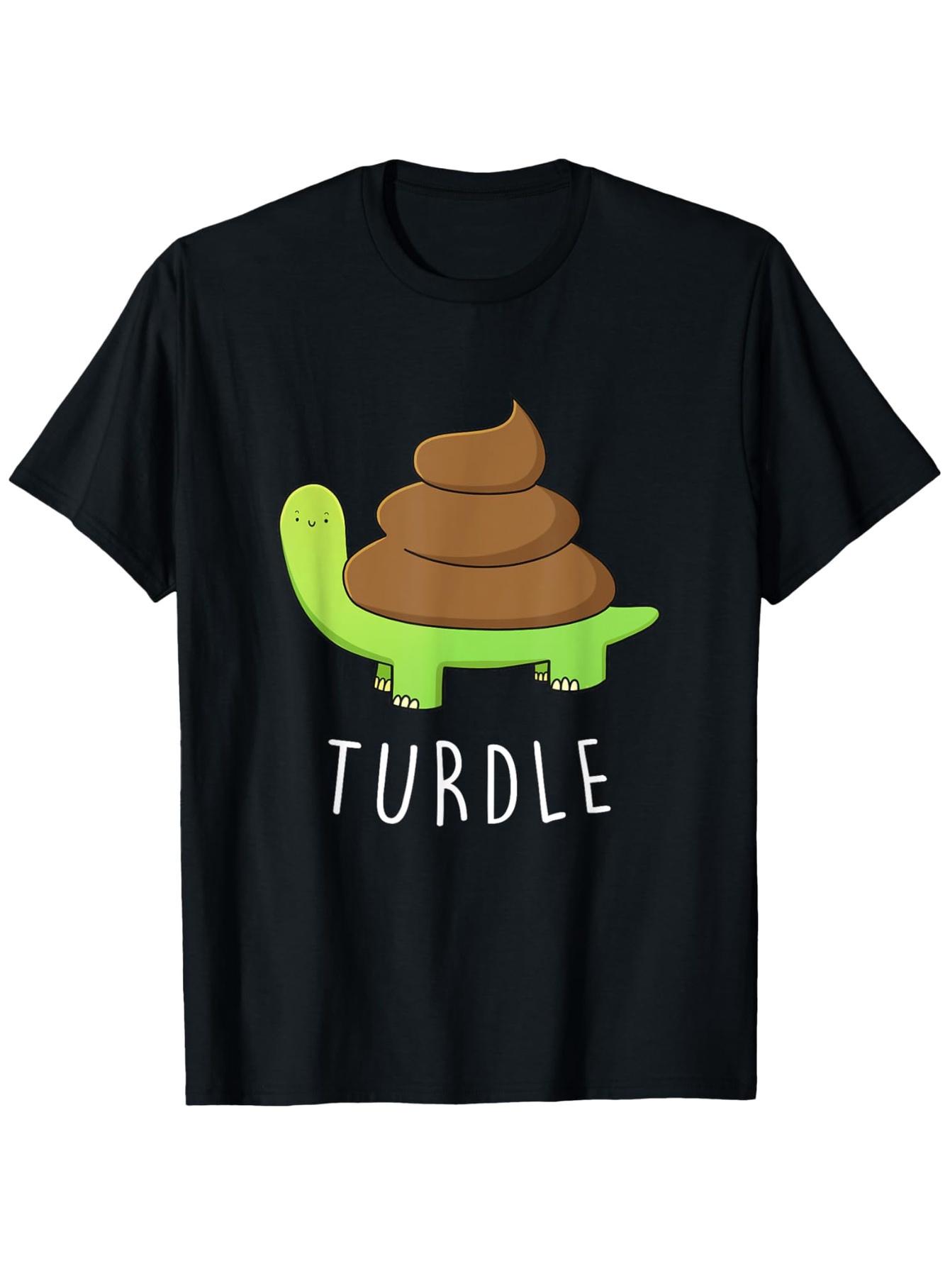 Funny Turtle Poop Pun Graphic T-Shirt Humorous TURDLE Design with Cartoon Turtle Black Short Sleeve Casual Tee for Women Y2... S разноцветный