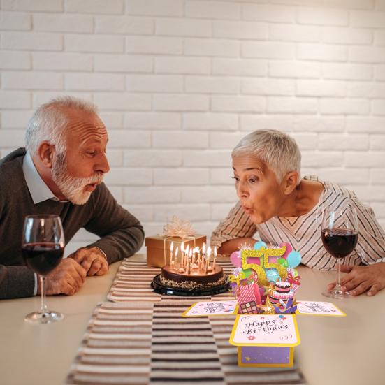 Happy 65th/55th Birthday Greeting Card with Envelope & Writing Card Cute Cake Candle Balloon Pattern Colorful Blessing Cards Creative Folding