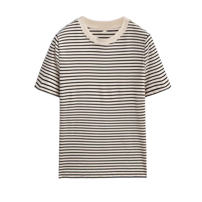 MD Spring New Arrival Standard Cotton Tee Base Shirt Tops Round Neck Stripes T-shirt Women's Short Sleeve