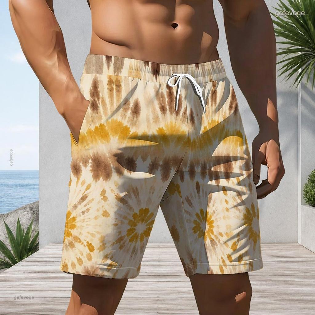 Men Plus Size Tie Dye Printed Beach Shorts Drawstring Waist Side Pockets Straight Leg