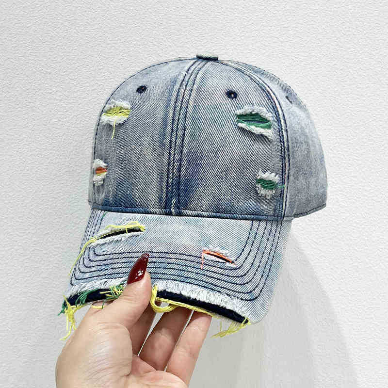 

New Style Women Cap Tear Style Hole Vintage Colorful Lines Baseball Caps Female Casual Outdoor Streetwear Denim Hat adjustable