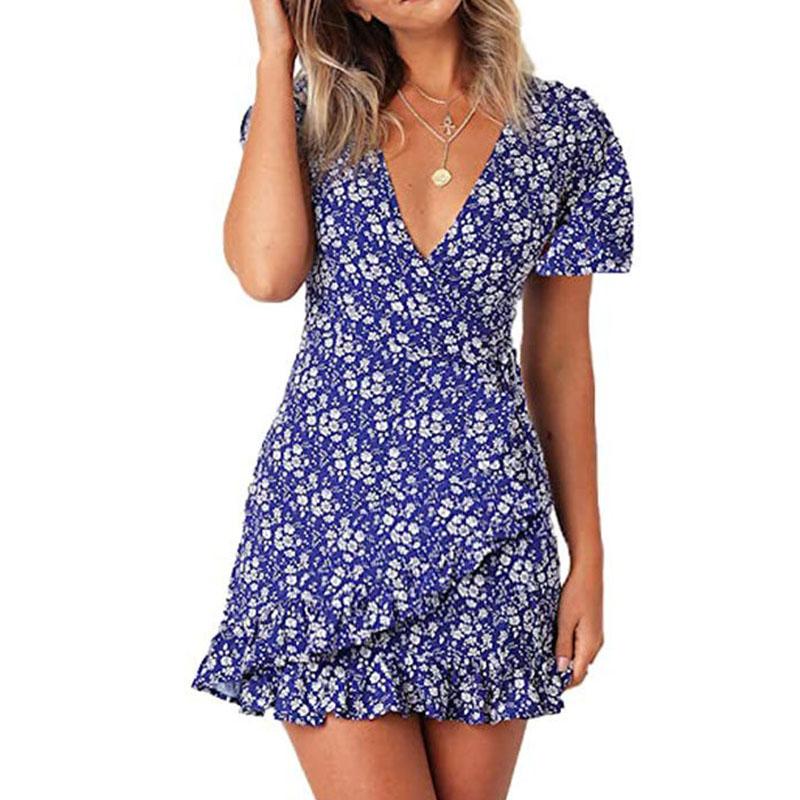 Summer V-neck Printed Short-sleeved Skirt, Lace-up Ruffled Dress, Fashionable, Sexy, Elegant and Generous Ladies Long Skirt