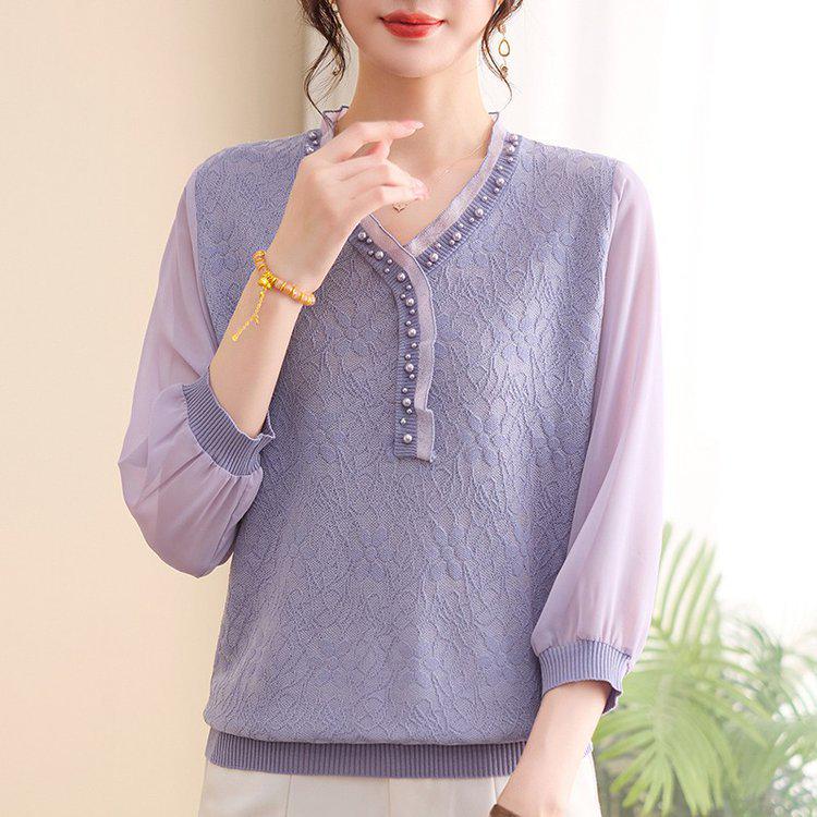 Chic Pearl-Embellished Lace Patchwork Loose T-shirt for Mature Women