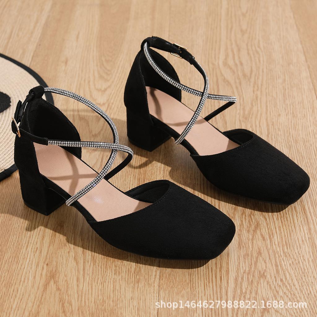 Spring New Cross-drill with Hollow Sandals Versatile and Comfortable Square Head Bag Head High-heeled Sandals