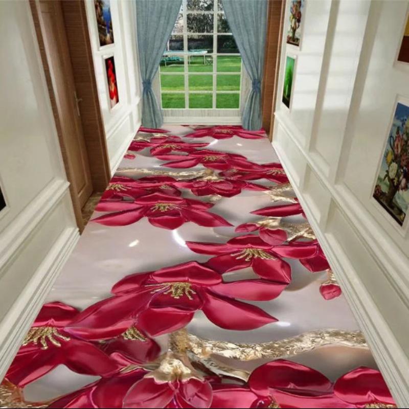 Modern Design Hallway Aisle Carpet Red Rose Long Runner Hotel Entrance Hallway Corridor Stair Non Slip Mat Bedroom Bedside Rugs