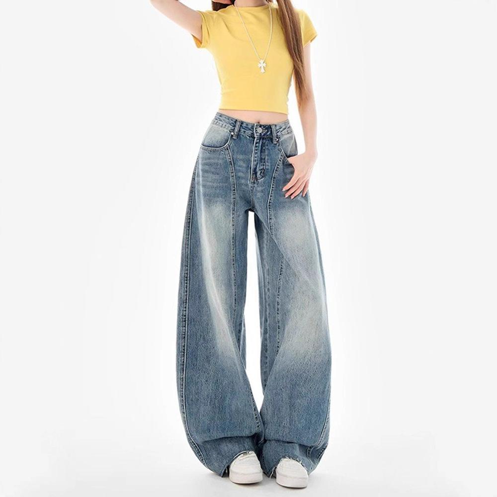 Fashionable Comfortable High Waist Straight Jeans Women's Autumn Vintage Blue Loose Wide Leg Skinny Trailing Trousers Jeans for Women Long Denim Pants