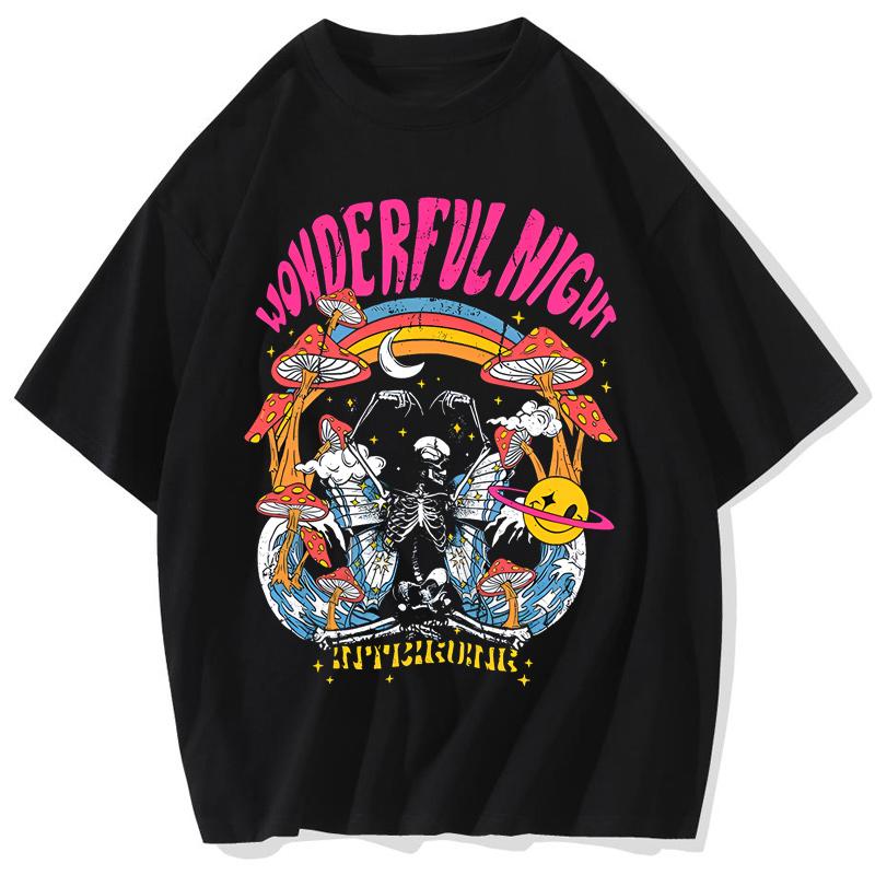 Wonderful Night Skeleton Butterfly Wave Fashion Print Womens TShirts Oversized Tops Street Clothing Retro Cotton TShirt Tee S