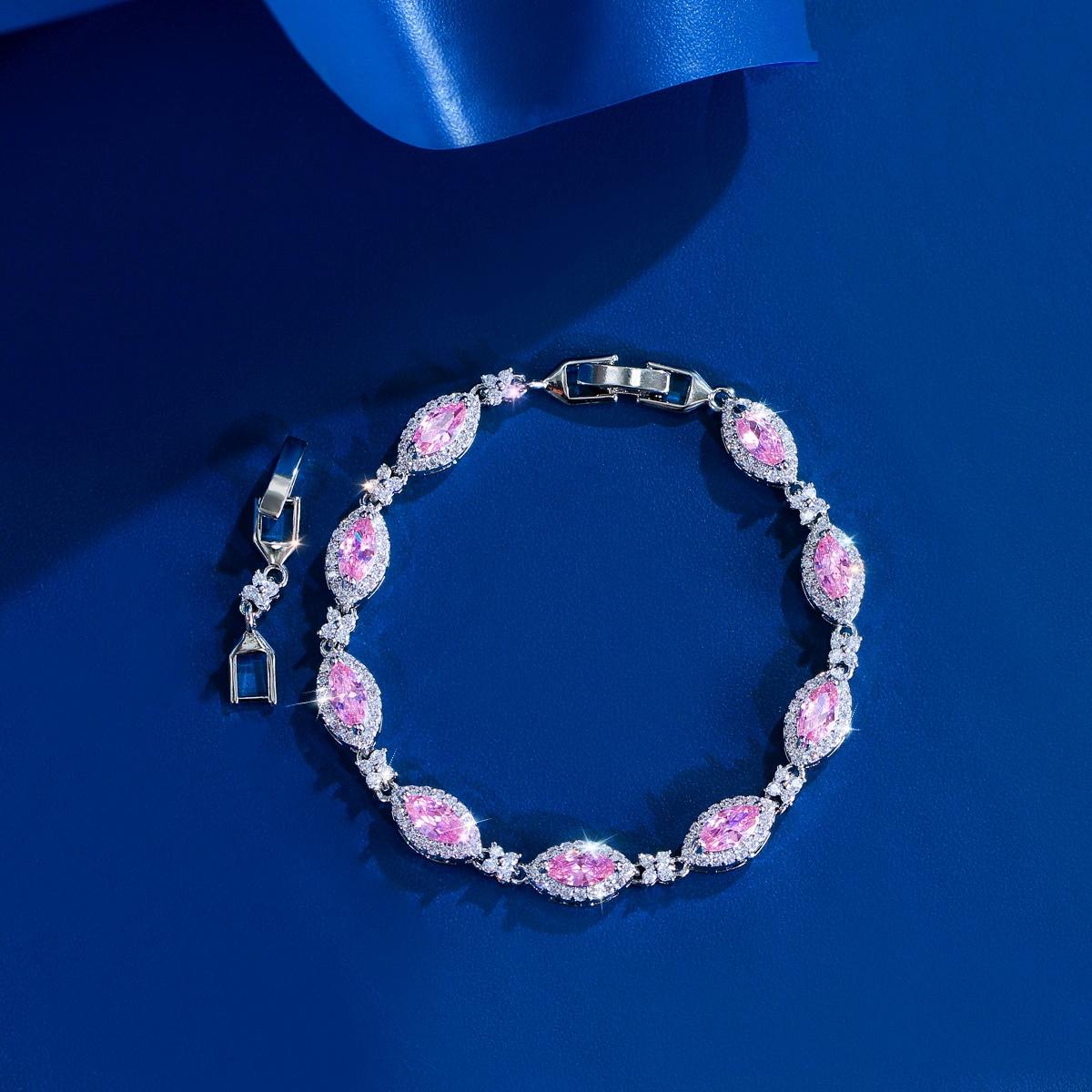 

Pera Luxury Roman Pink Geometric Chain Bangles for Women Trendy Full CZ Marquise Charm Tennis Bracelets Wedding Jewelry B012