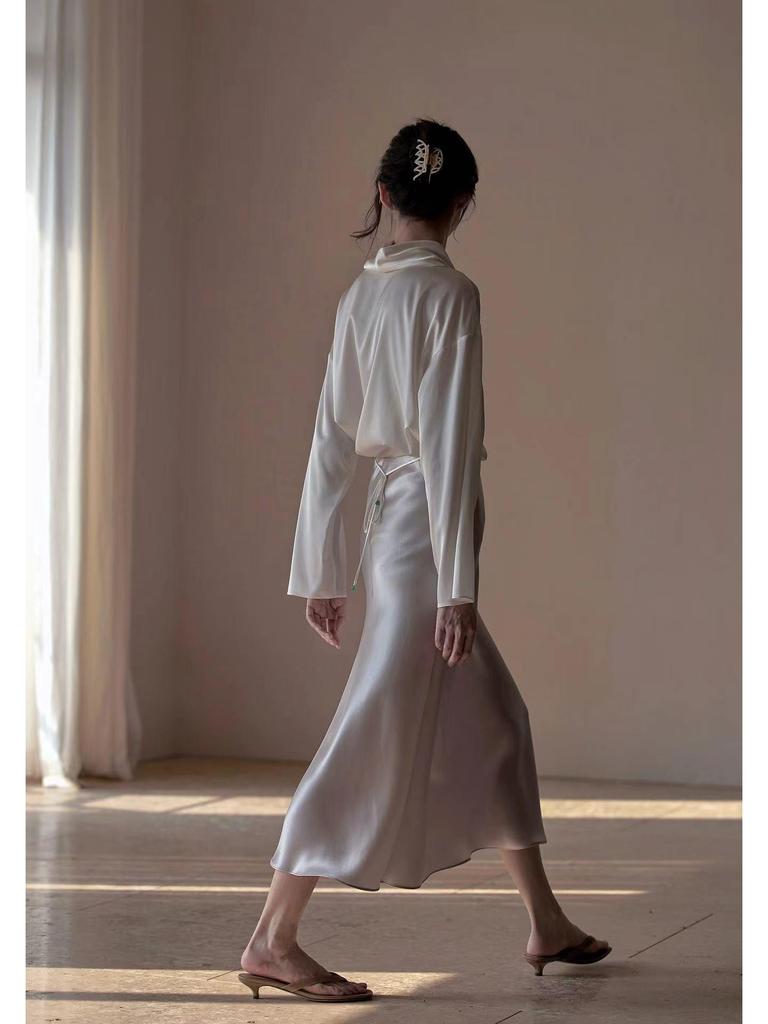 Comfort Memory Imported Acetate Satin A-Line Skirt with Silky Drape and Slimming Elastic Waist