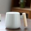 Nordic Ceramic Mug with Lid & Spoon - Wooden Handle, Ideal for Coffee, Office, or Gift with Logo Print.