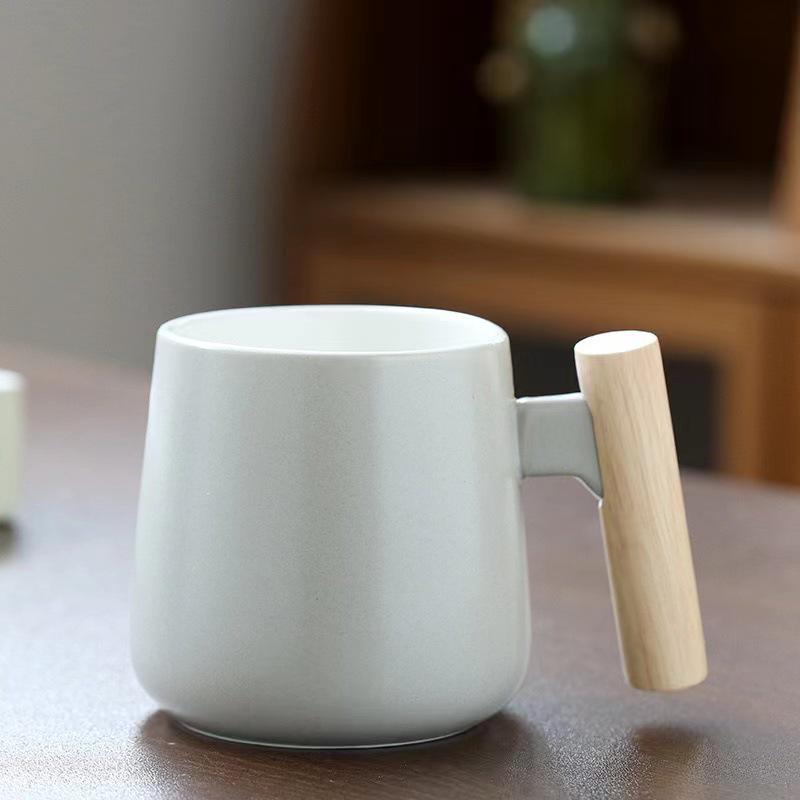 Nordic Ceramic Mug with Lid & Spoon - Wooden Handle, Ideal for Coffee, Office, or Gift with Logo Print.
