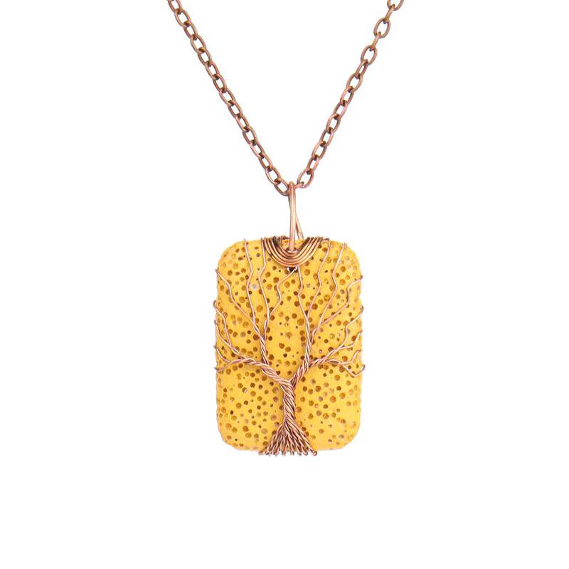 Hand-Wound Rectangular Volcanic Stone Tree Of Life Pendant Necklace, Couple Necklace N525