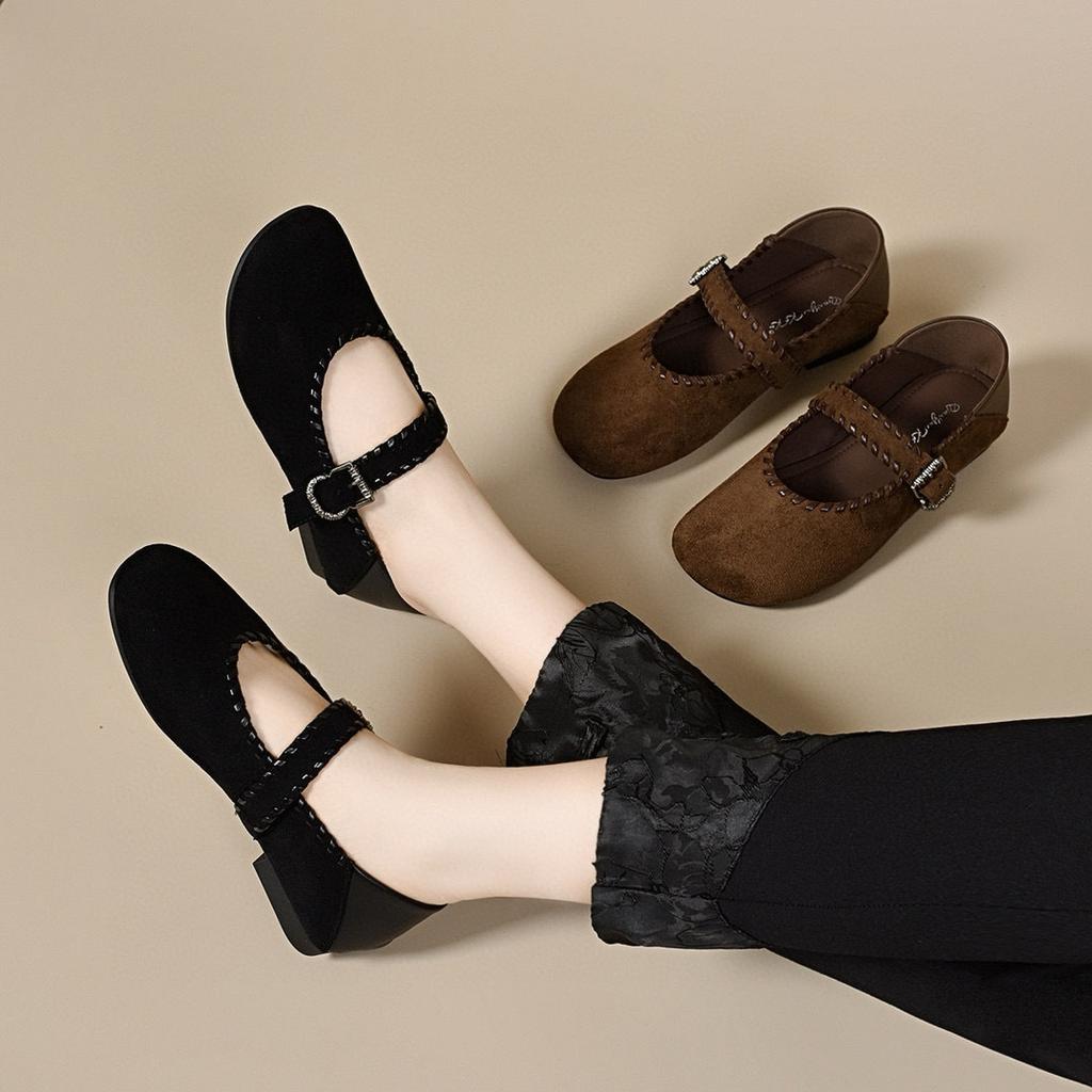 Round Head Lazy Shoes Women's Low Heel Shallow Mouth Word with Square Buckle Literary and Retro Women's Flat Shoes
