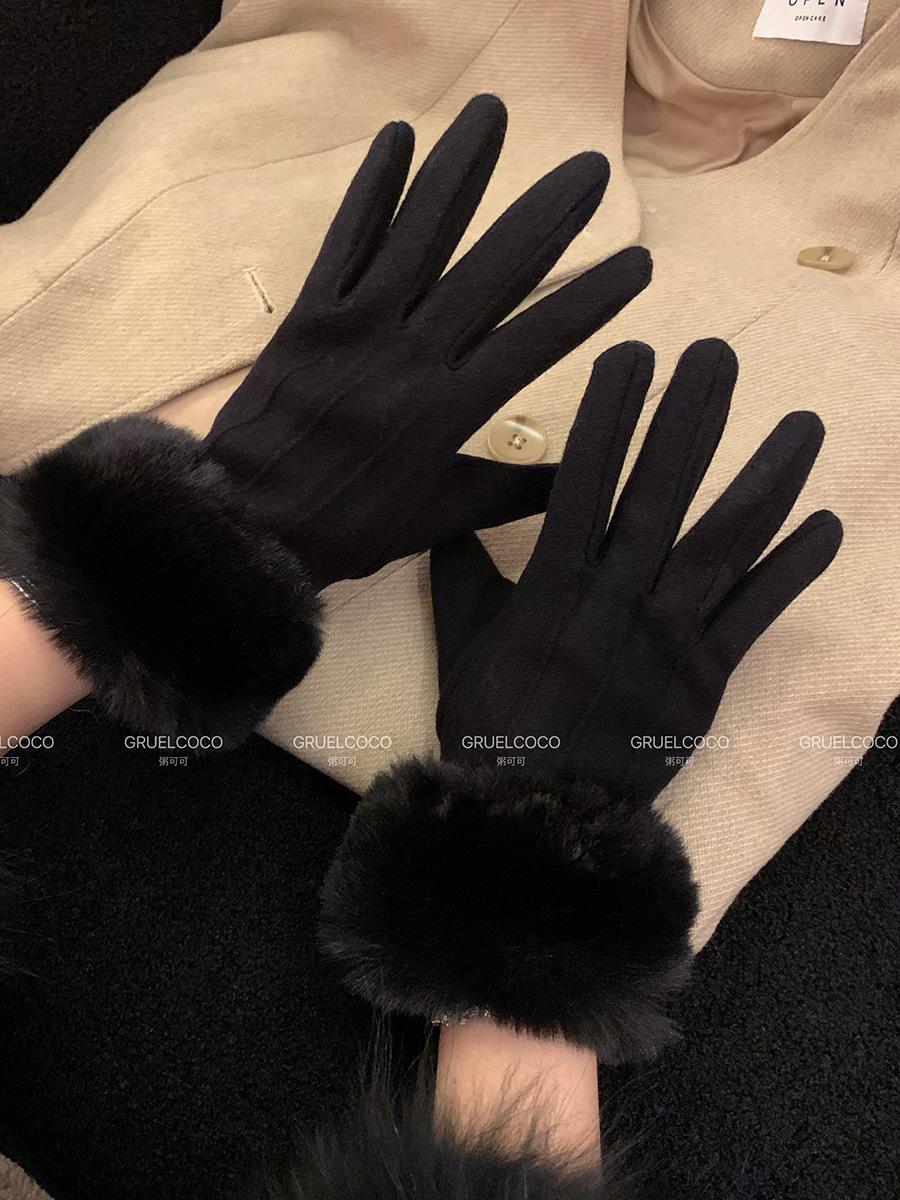 Cashmere gloves, women s winter fashion sense, rabbit fur, piled and thickened to keep warm and cold, driving and riding can touch One Size